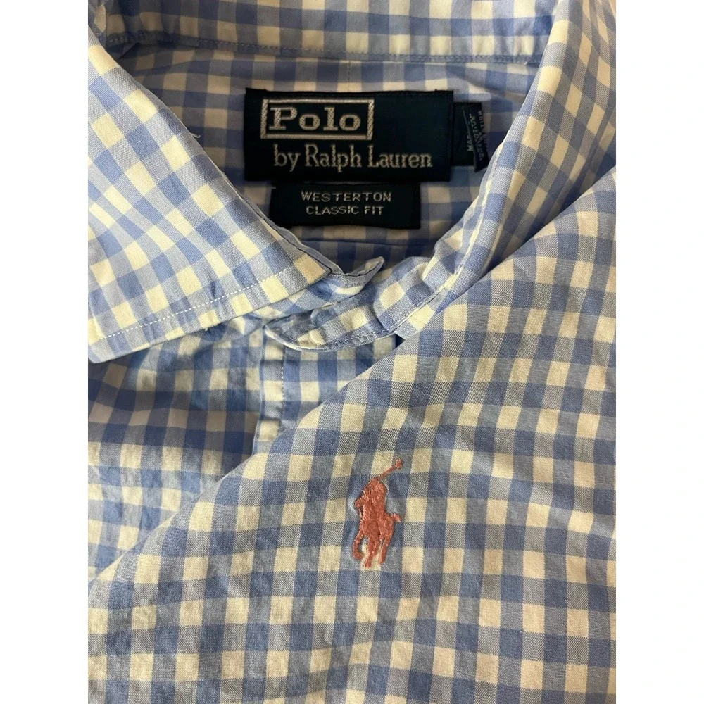 Polo Ralph Lauren Button Down Mens Medium Blue Gingham Westerton Classic Fit‎